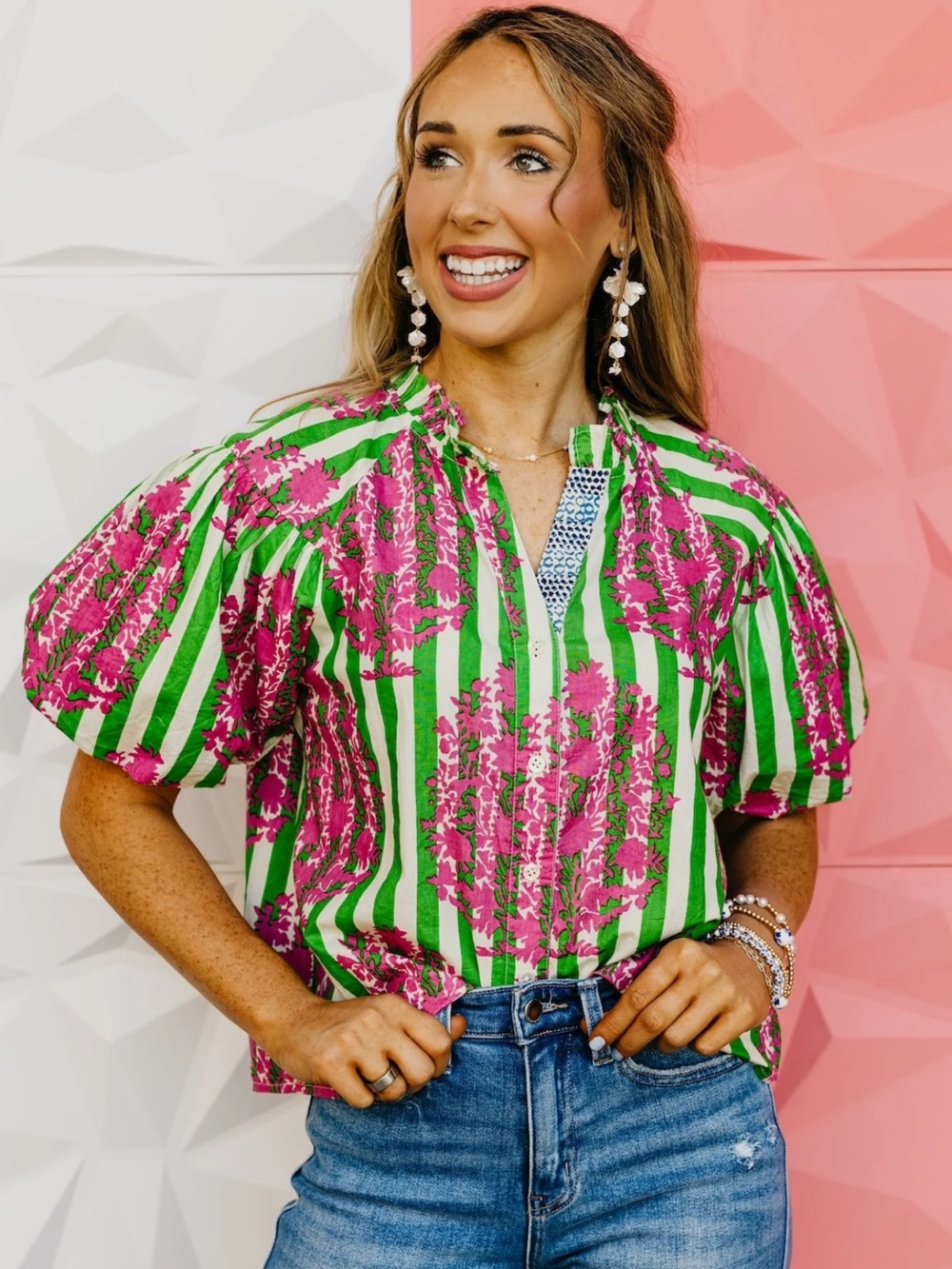 THML Stripe Floral Puff-Sleeve Top - Picture 2 of 9